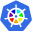 Kubernetes logo. A blue hexagonal that has a white ship helm inside. Helm is filled with various colors.